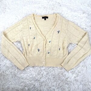 Butter Yellow Embroidered Cotttagecore Cardigan Sweater M Twee Cropped Button